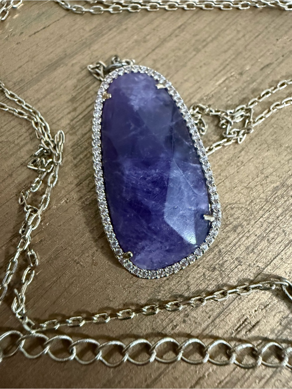 Purple Faceted Stone Pendant Necklace - Silver Chain